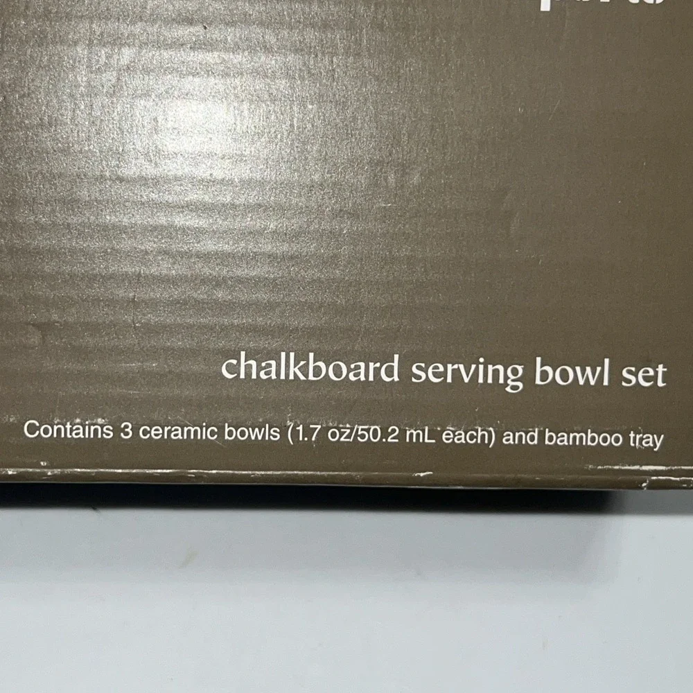 Pier‎ 1 Imports Chalkboard Serving Bowl Set Ceramic Bamboo Wood Tray 2693940